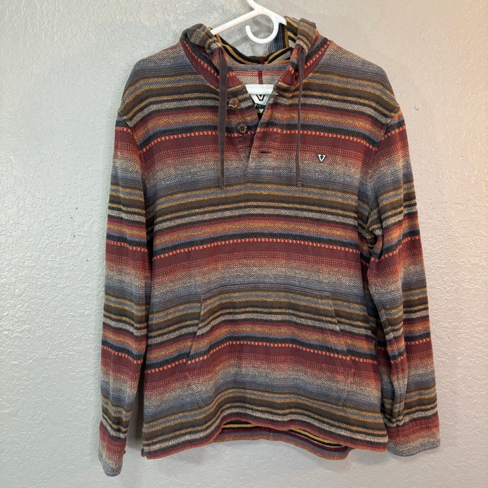 Vissla Men's Baja Stripe Popover Hoodie Multi Color Woven Henley Medium